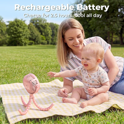 Battery Operated Stroller Fan Flexible Tripod Clip on Fan with 3 Speeds and Rotatable Handheld Personal Fan for Car Seat Crib Bike Treadmill (Pink)
